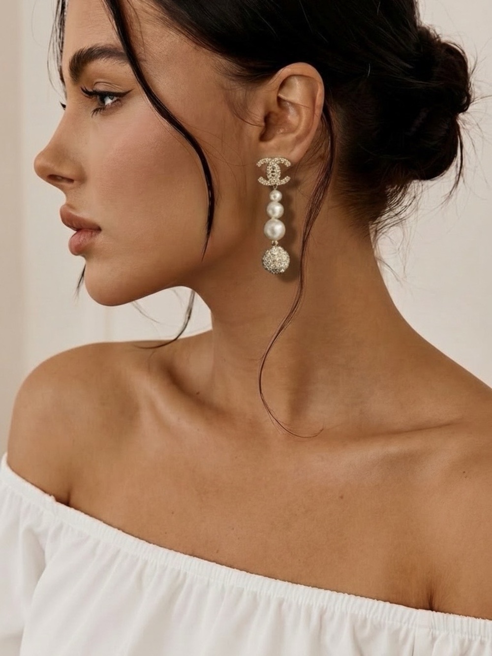 Chanel CC Crystal and Faux Pearl Drop Earrings- clip back